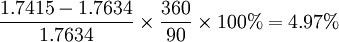 \frac{1.7415- 1.7634}{1.7634}\times\frac{360}{90}\times100%=4.97%